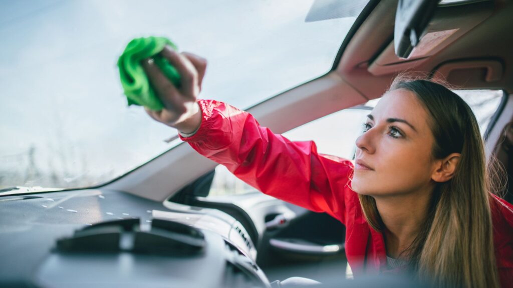 person cleaning car windshield