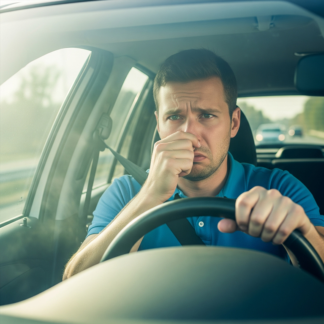 A driver is holding their nose because of a strong chemical smell in their car.


