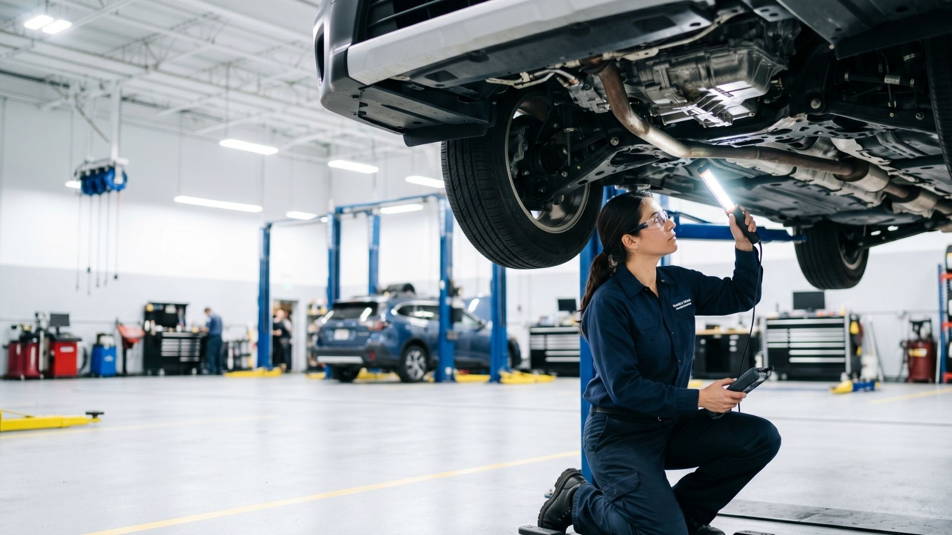 Professional auto mechanic inspecting a vehicle on a lift in a clean San Diego repair shop.